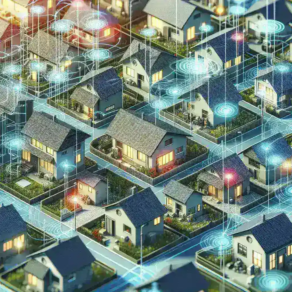 "Visualisasi sistem pemantauan kebocoran gas modern yang diterapkan di perumahan padat penduduk, menunjukkan teknologi canggih dan perangkat sensor untuk meningkatkan keselamatan lingkungan."