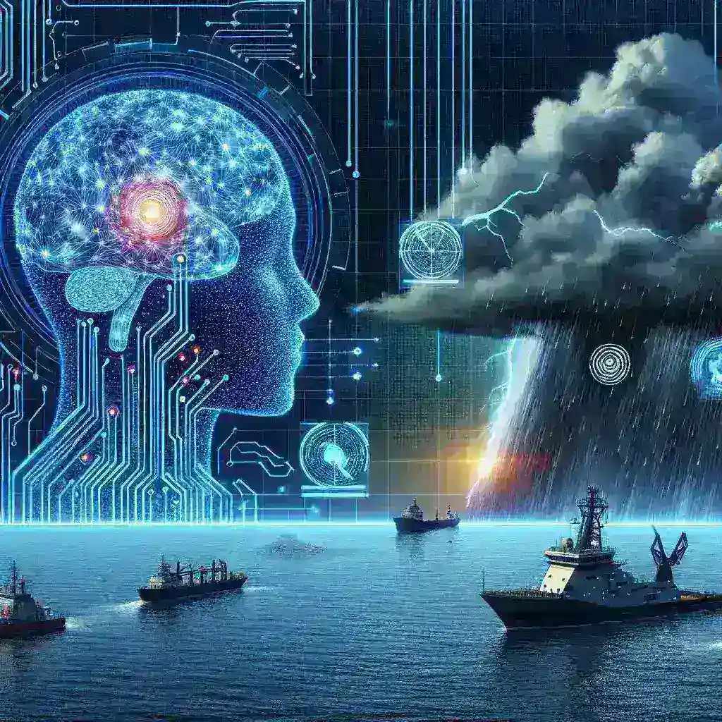 "BMKG menggunakan teknologi AI untuk memprediksi badai lokal di perairan Nusantara, ilustrasi modern pengembangan meteorologi di Indonesia."
