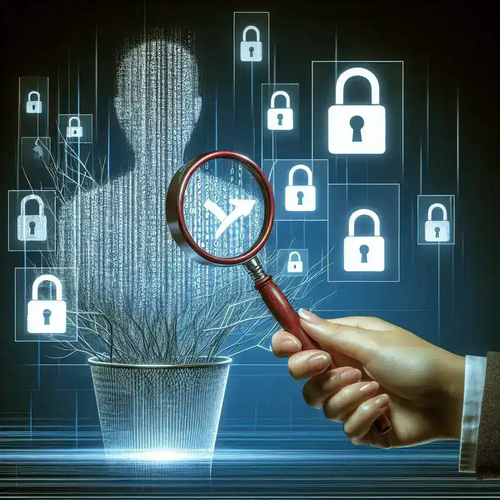 "Ilustrasi proses penghapusan data pribadi yang menjelaskan pentingnya bukti penyebutan pribadi dalam permintaan penghapusan data, sesuai dengan hukum perlindungan data."