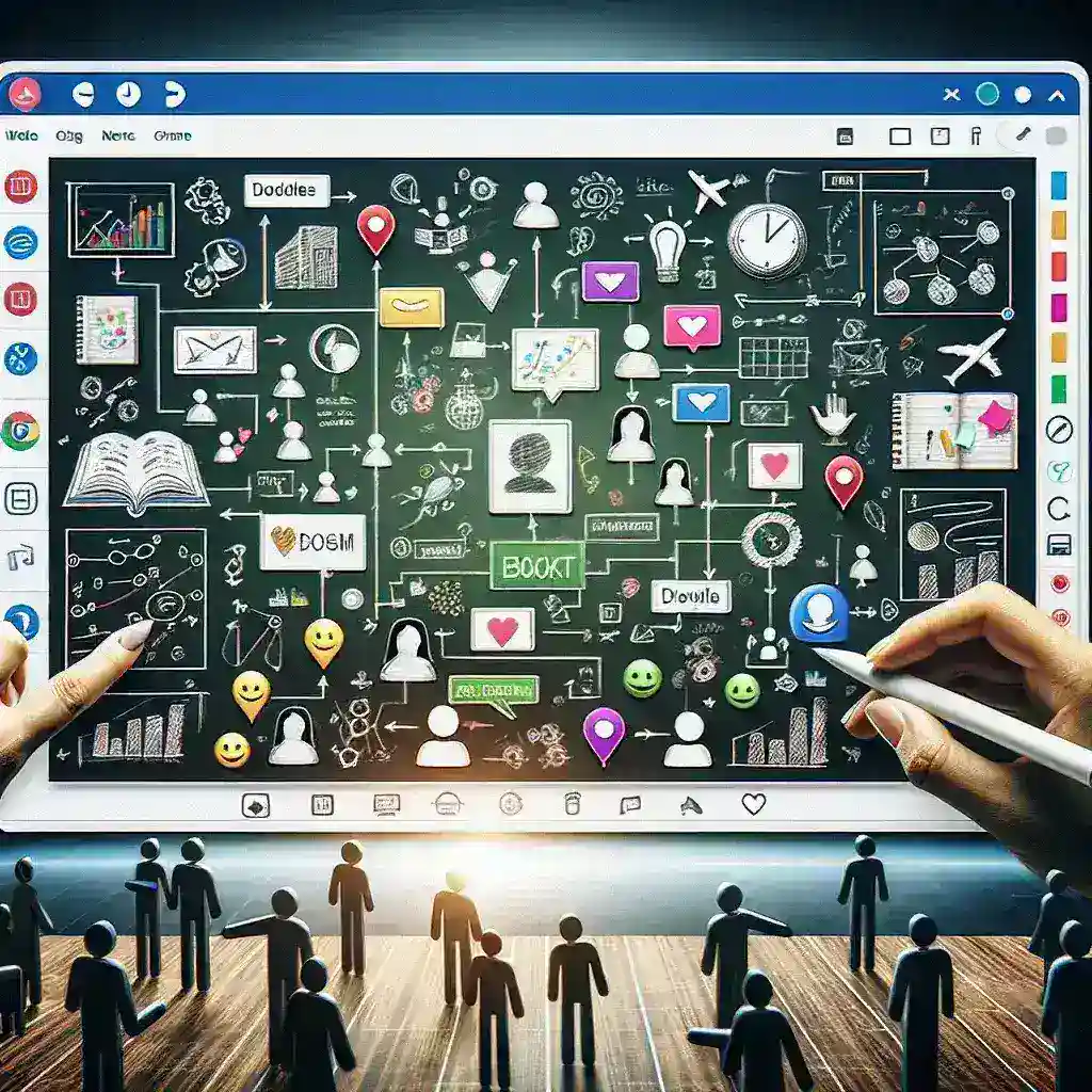 "Discord whiteboard kolaboratif langsung untuk meningkatkan kolaborasi di server, tampilan antarmuka pengguna dengan alat gambar dan catatan."